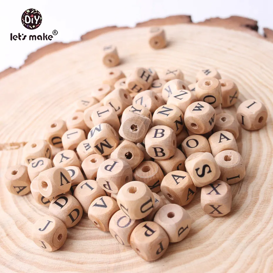 Let\'s Make 20pcs Baby Teething Crib Toy 12mm Square Shape Beech Wood Letter Beads Teething DIY Crafts Chew Beads Baby Teether