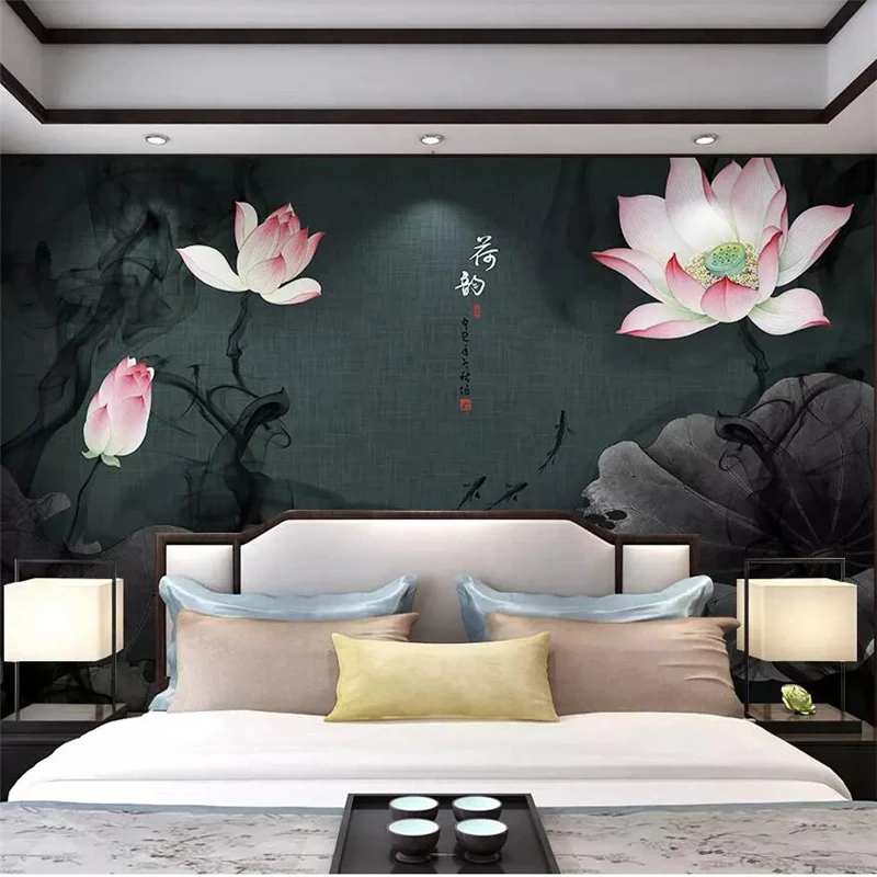 

wellyu New Chinese ink ink Zen lotus fish group background wall decoration painting custom large mural green wallpaper