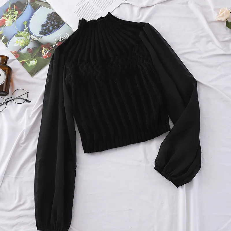 Herbst Frauen Rollkragen Pullover Strick Chiffon Patchwork Pullover Damen Bodenbildung Laterne Hülse Strickwaren Kurze Tops AB1135