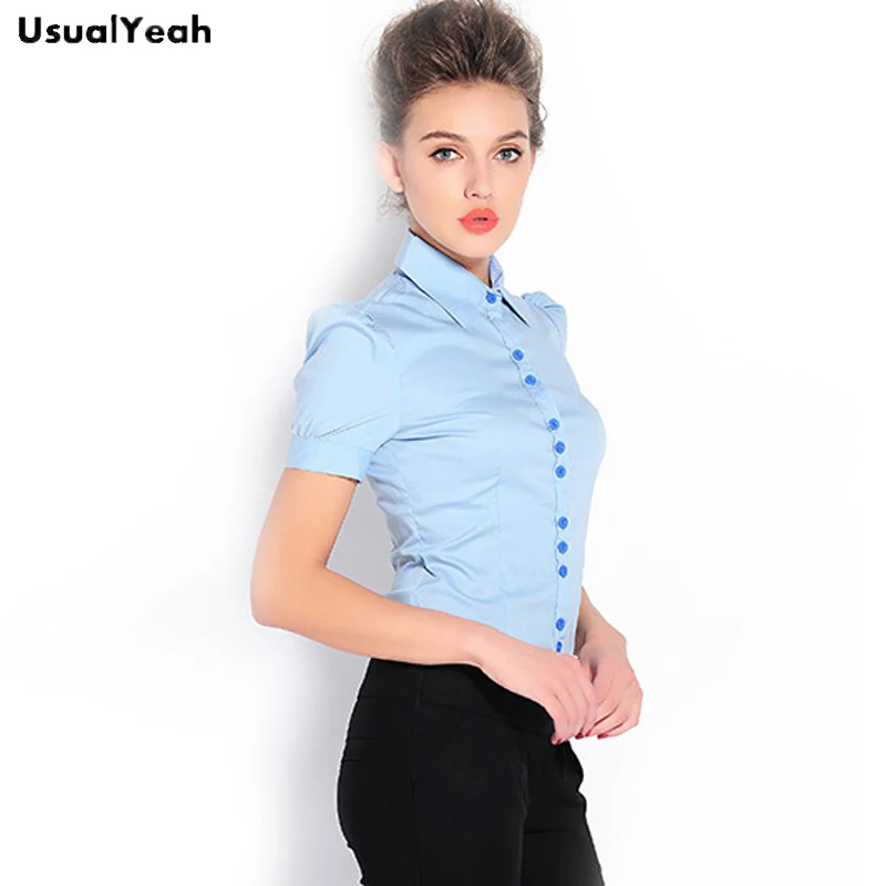 UsualYeah Neue Frauen Fashion Formal Kurzarm Körper Hemd einfarbig blusen shirts blusas feminina XXL Weiß Blau SY0323