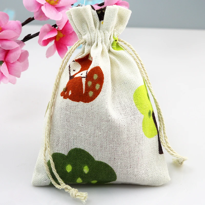 10pcs/lot 10*14cm Fox Design Cotton Bags Drawstring Gift Bag Incense Storage Linen Bags Candy Keychain Jewelry Packaging Bags