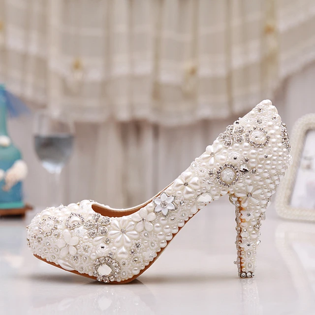 Pearl sold wedding shoes, handmade pearl bridal shoes, bridal high heels