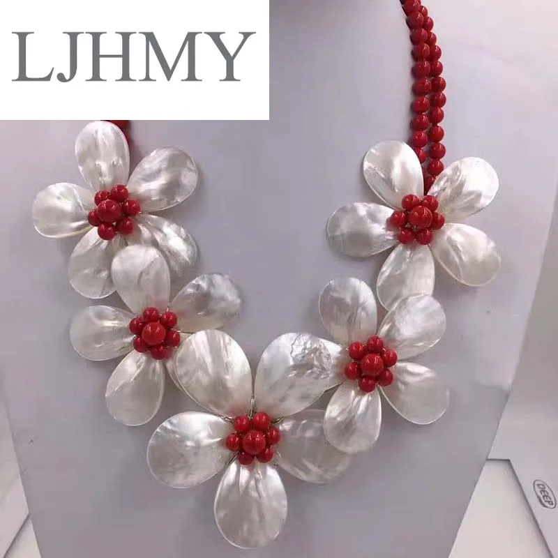 LJHMY Crystal Beads Freshwater Pearl White Sea Shell Flower Necklace for Women Statement Bib Wedding Party Choker Necklace