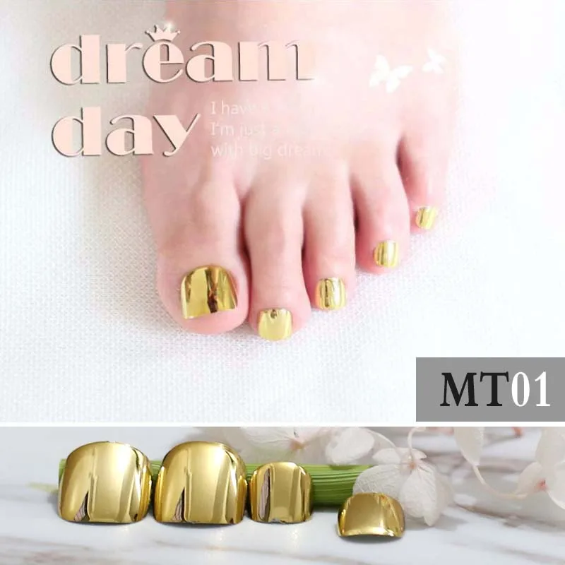 24 pcs New personality metal Gold Fake Toenails Pure Yellow Punk wind False Toenails Short Full Artificial False Toes MT01