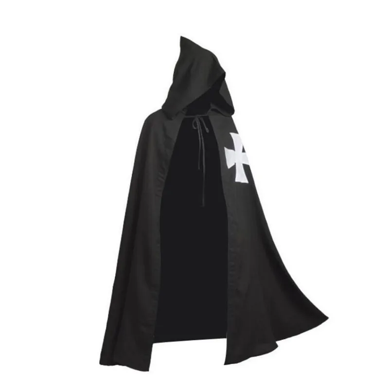 Medieval Crusaders Cosplay Cloak Knight Hooded Cloak Pope Death Knight Costume Warrior Robe Black