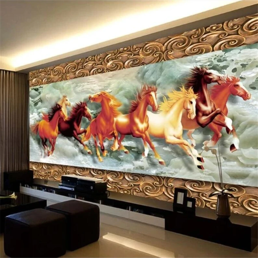 Custom wallpaper 3d murals wood carving eight horses classical style background wall papers home decor papier peint 3d wallpaper