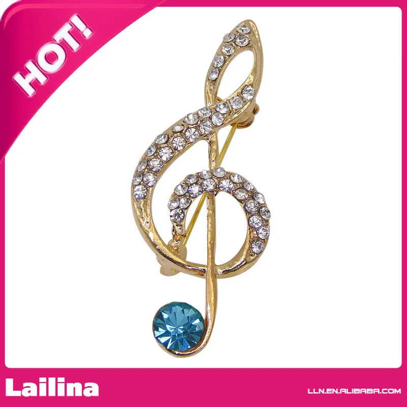 Women Fashion Blue Crystal Rose Gold tone Music Note Brooch Pins