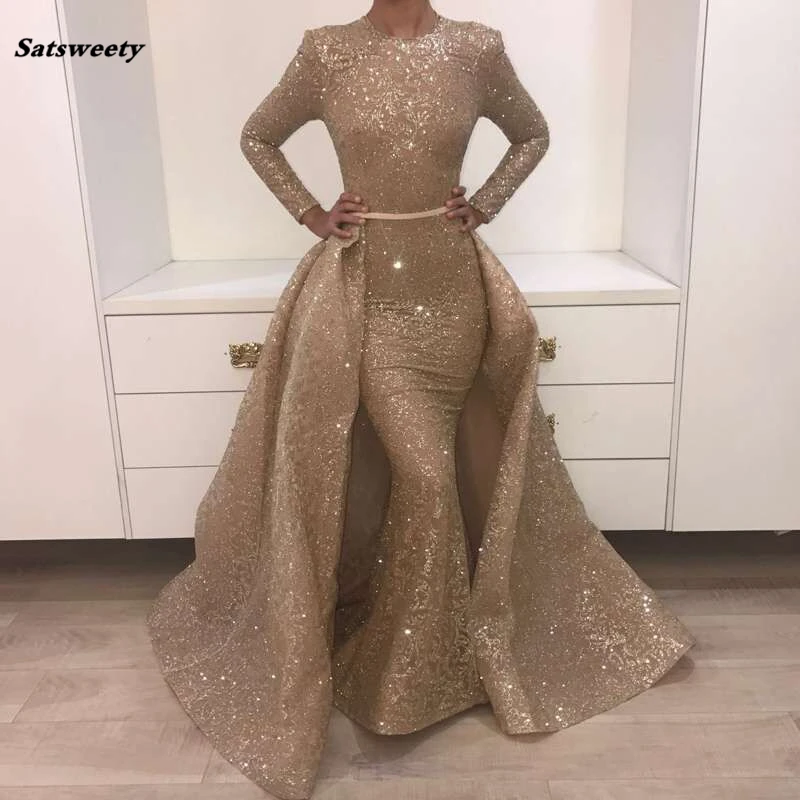 Yousef Aljasmi Long Sleeve Mother of the Bride Dresses Muslim Detachable Train Women Dubai Long Mermaid Prom Dress