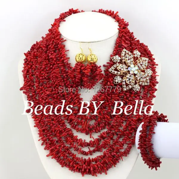 New Red Nigerian Wedding African Beads Jewelry Set Coral  Necklace Coral Beads Jewelry Set  Free Shipping ABS068-1