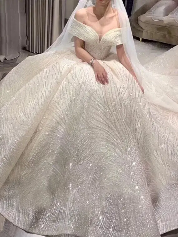 Vestidos De novia De princesa color champán con lentejuelas y hombros descubiertos, traje De novia, estilo nuevo, 2020