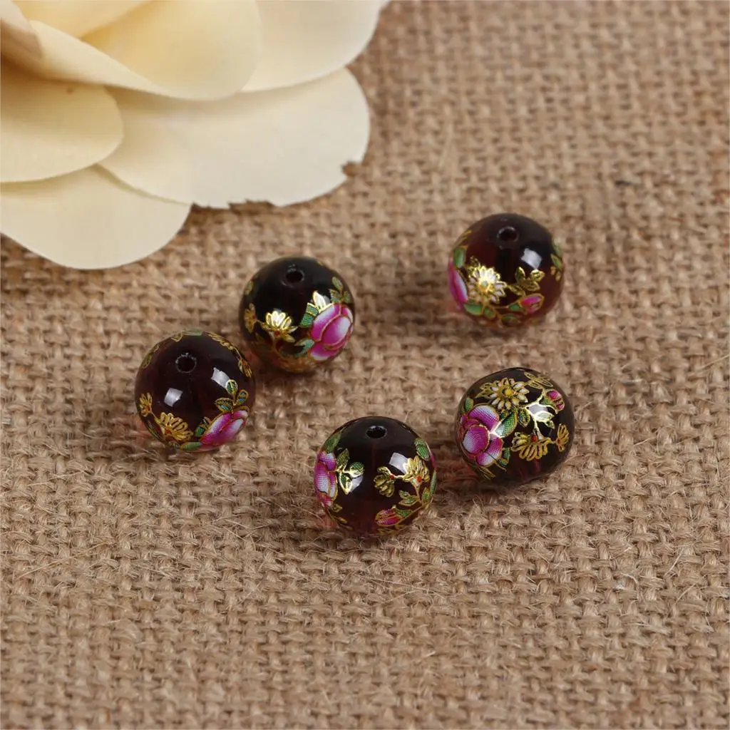 Glass Japan Painting Vintage Japanese Tensha Beads Round Coffee & Pale Lilac Rose Flower Pattern Transparent 12mm 5 PCs