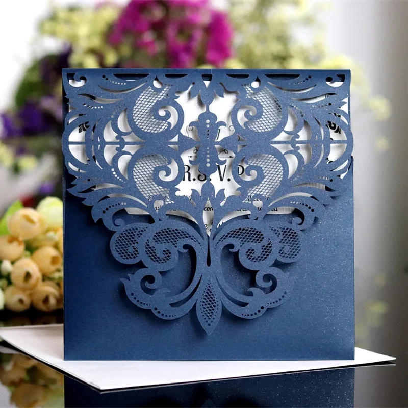 

Blue wedding announcement pocket hollow laser cut customized invitation set 50pcs