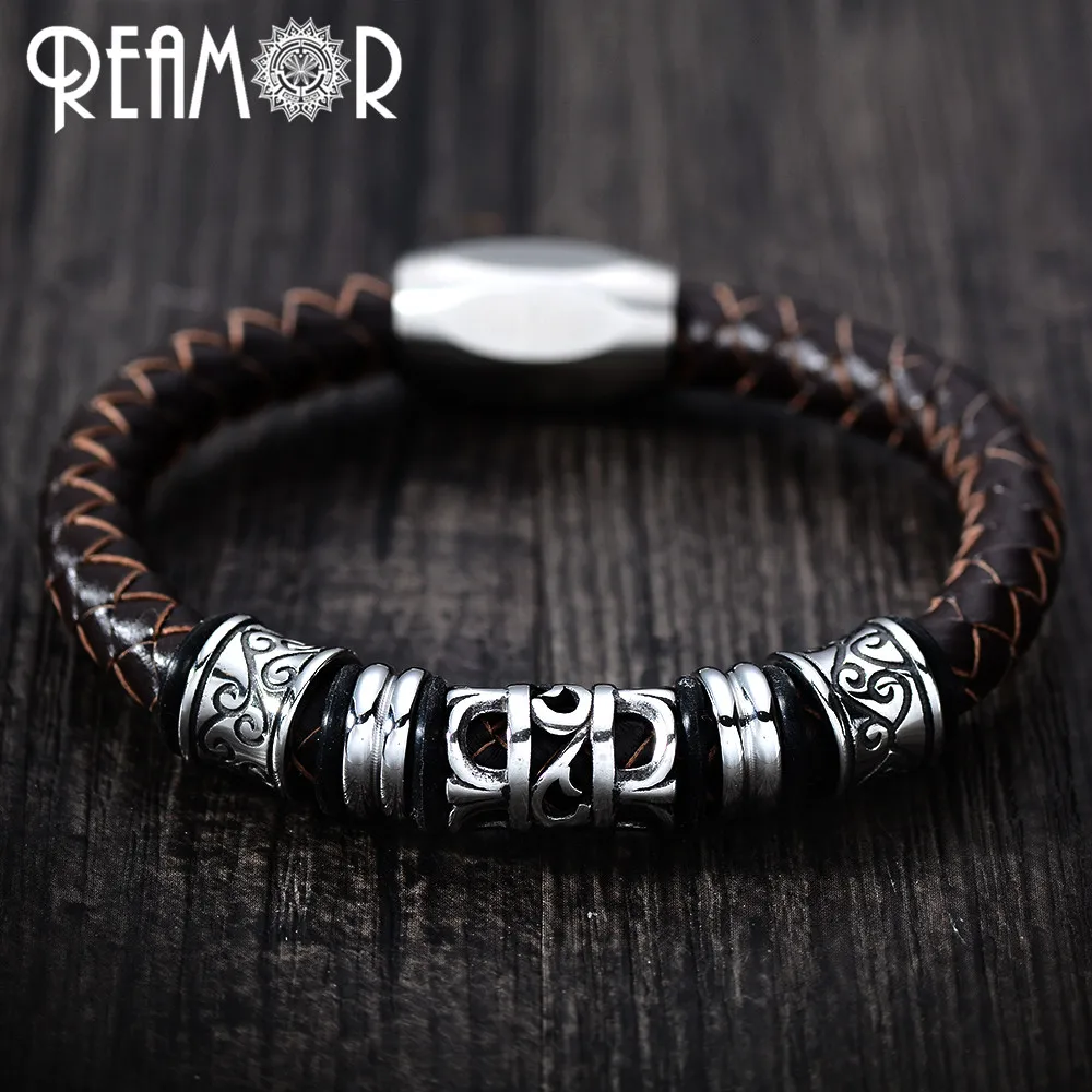 REAMOR 316L Stainless Steel Totem Male Bangles Genuine Leather Rope with Magnet Buckle Combos Bracelets Trendy Men's Jewelry