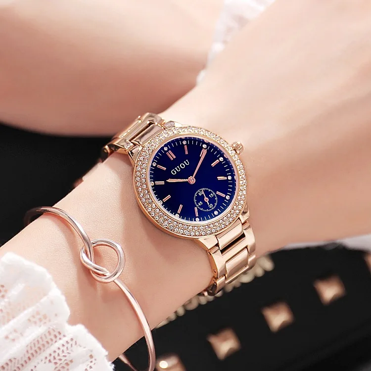 

Fashion Top Guou Brand Casual Luxury Watches Sapphire Blue Rose Gold Steel Watch Female Diamond Quartz Waterproof Woman Gift