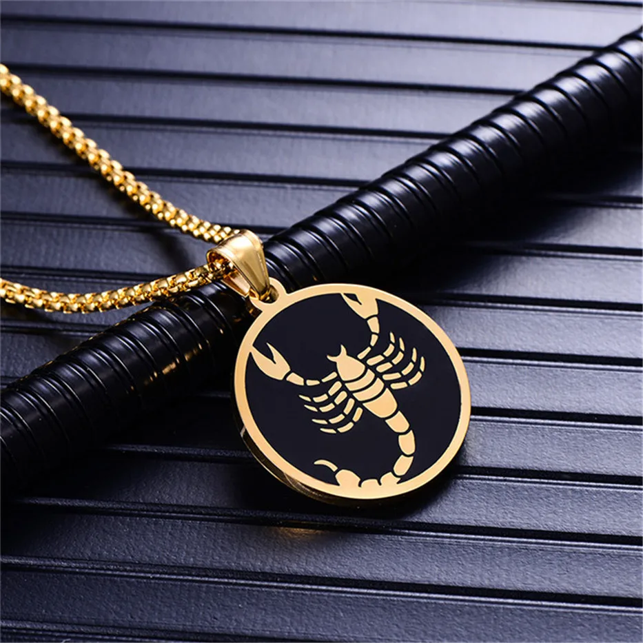 Punk Zodiac Constellation Pendant Gold Color Stainless Steel Round Necklaces For Men Women Fashion Party Jewelry Birthday Gift