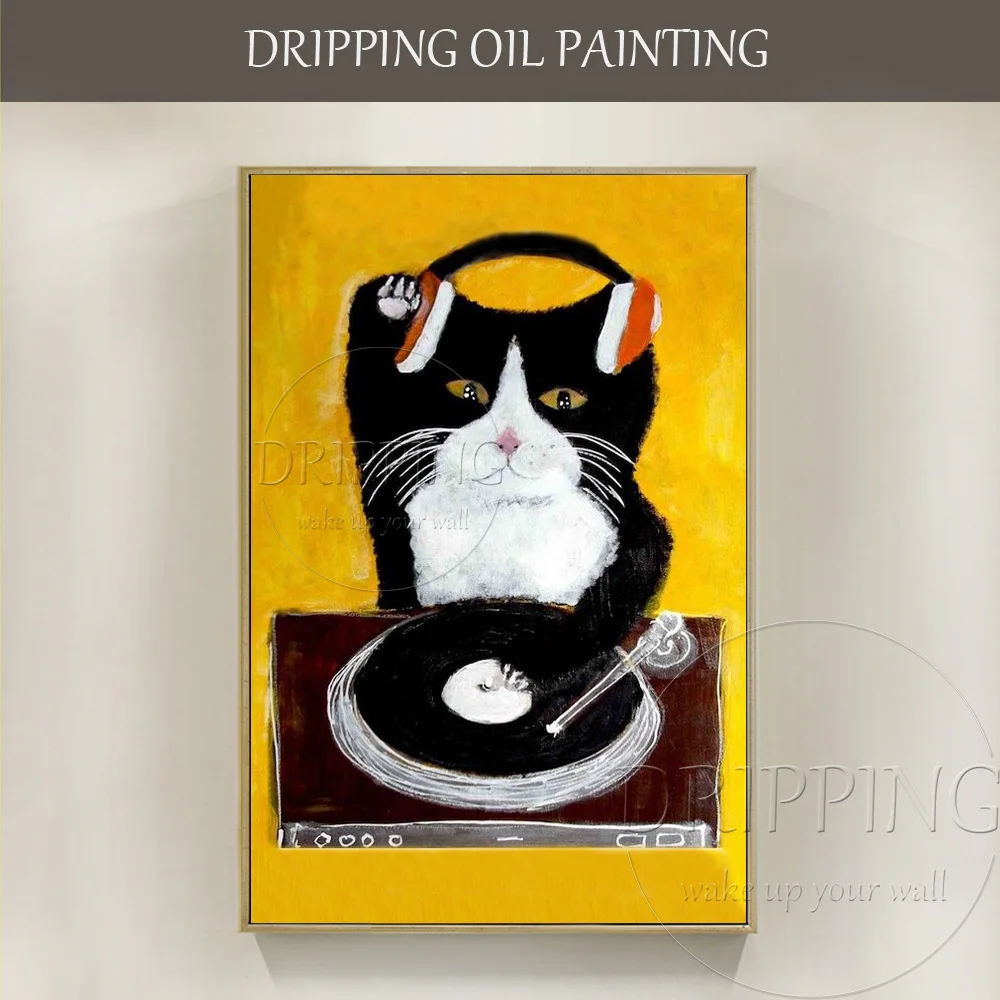 

Funny Design Painter Hand-painted High Quality Funny Cat DJ Oil Painting on Canvas Funny DJ Oil Painting for Party Decoration