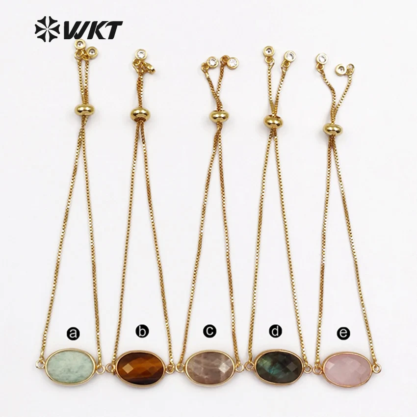 WT-B420 WKT Women fashion bracelets oval shape stone charm with adjustable gold metal chain 5 colors optional for female gift