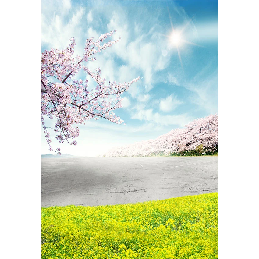 

Pink Cherry Flowers Photo Background Spring Landscape Printed Blue Sky Yellow Cole Field Wedding Baby Kids Photography Backdrops