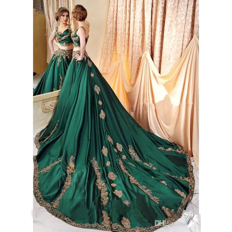 Indian Abaya Green 2 Piece Evening Dress with Gold Lace Applique Prom Gowns Sexy Saudi Arabic Beaded Formal Dress Customzied