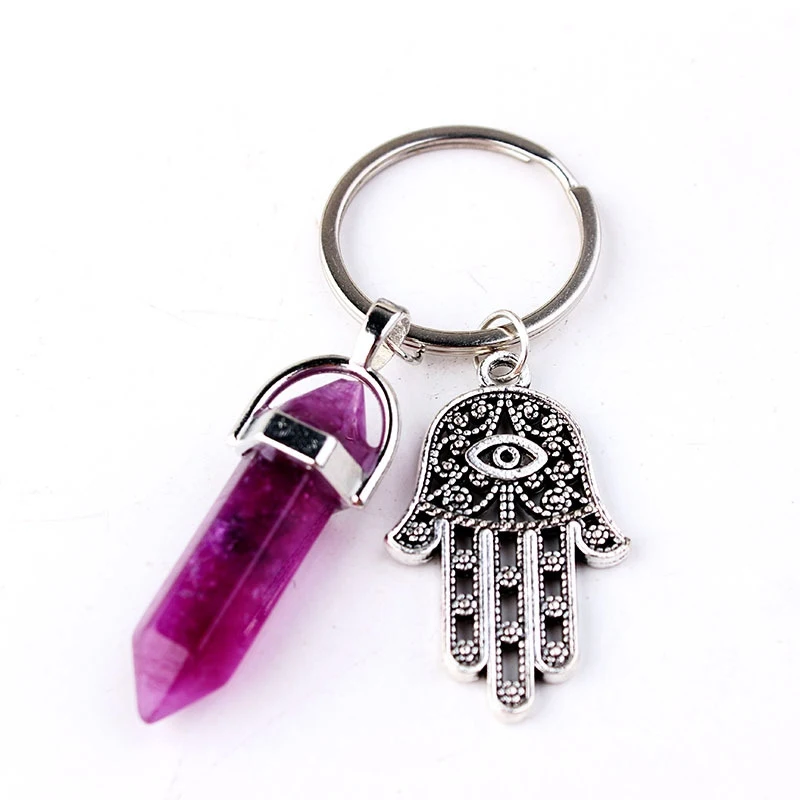 Natural Hexagonal Column Stone Keychain Women Pink Quartz Opal Crystal Key Chain With Evil Eye Fatima Jewelry Party Friends Gift