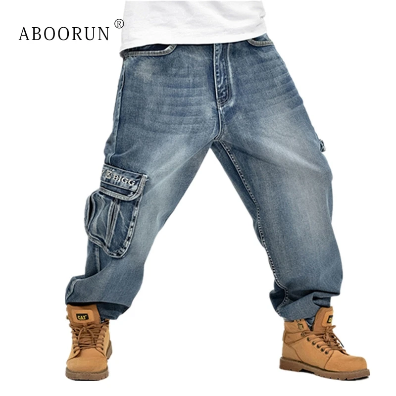 ABOORUN Hip Hop Men's Baggy Jeans Blue Multi Pockets Cargo Jeans Male Loose Skateboard Denim Pants P3071