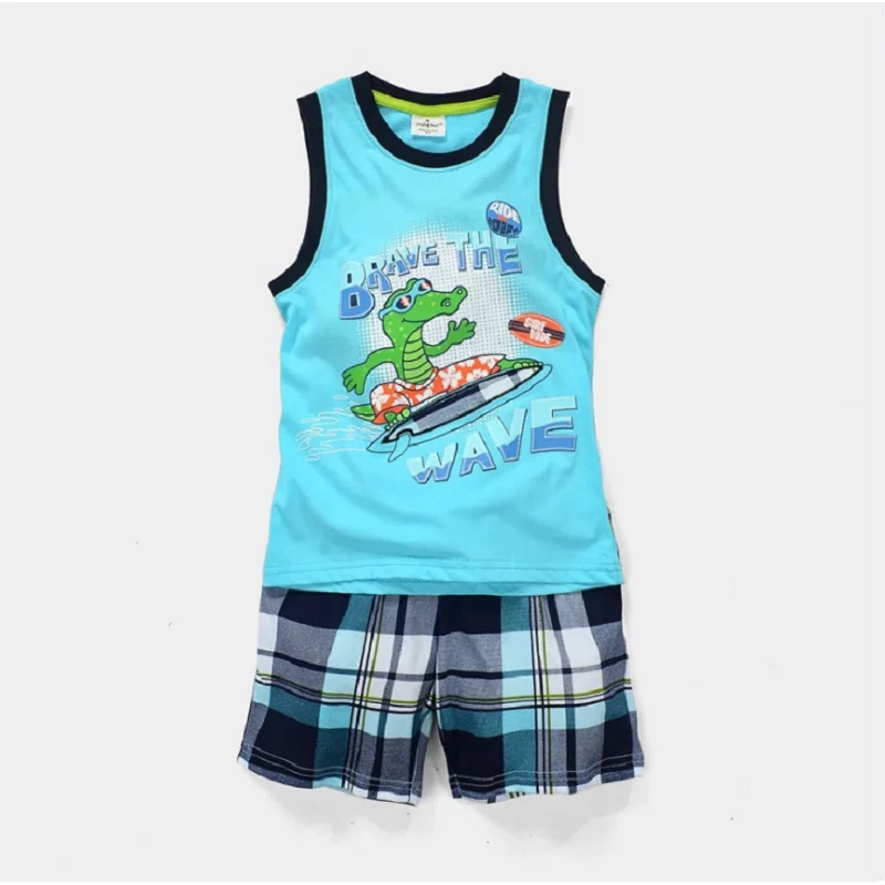 Summer Sleeveless Baby Boy Clothes Suits 100% Cotton Children T-Shirts Shorts Pant Singlet Vest Plaid Panties Beach Kid Tank Top