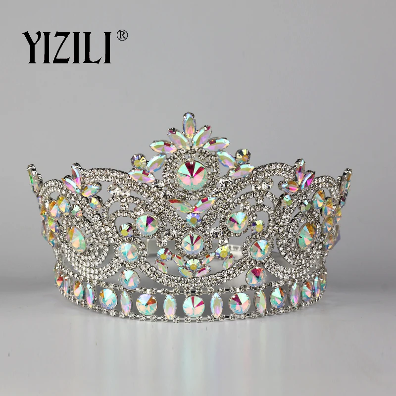 YIZILI New European Big Bride Wedding Crow AB Full Diamond Crystal Large Round Queen Crown Wedding Hair Accessories paty C060