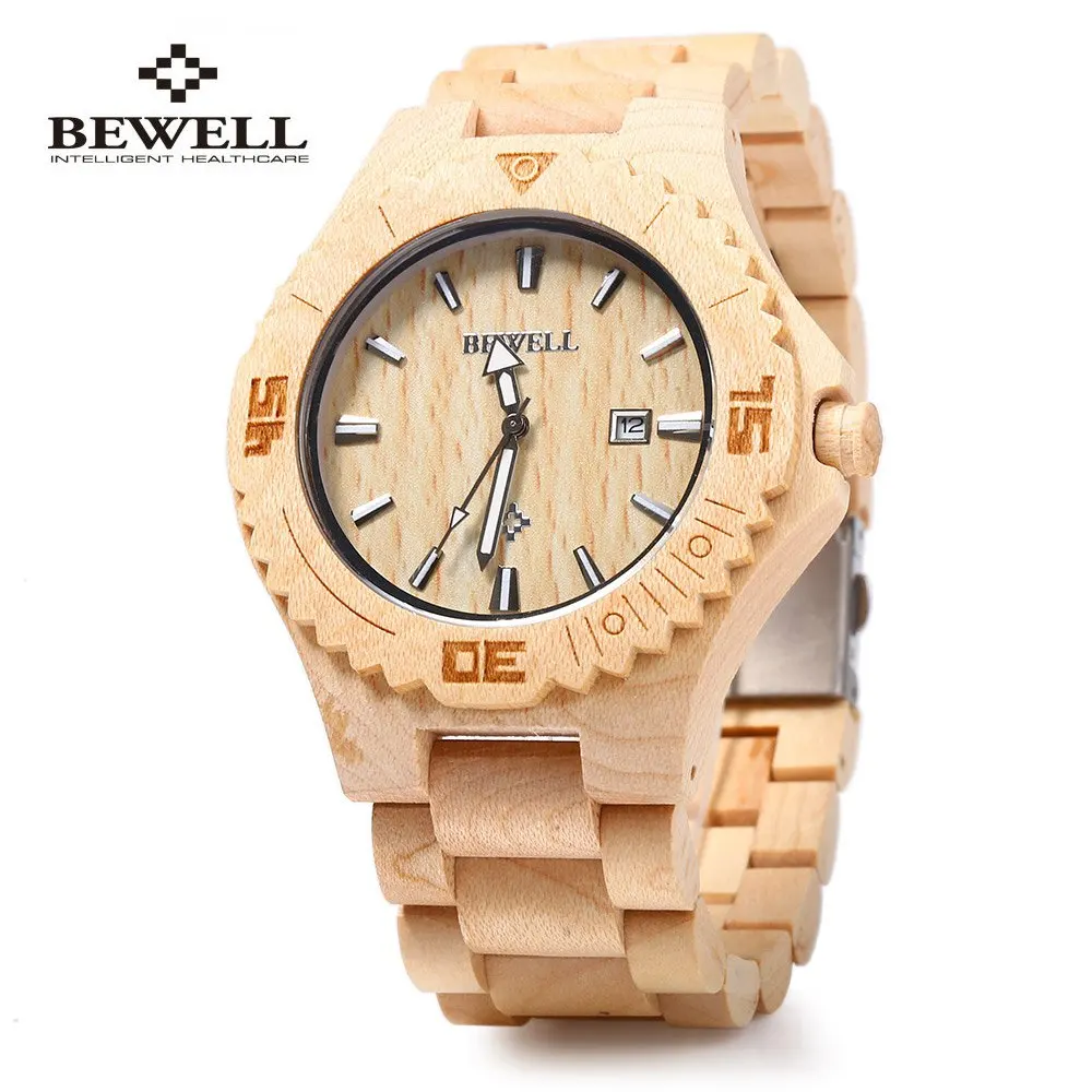 Bewell Wooden Quartz Watch for Men Calendar Luminous Pointers Waterproof Dress Watches Sandalwood relogio