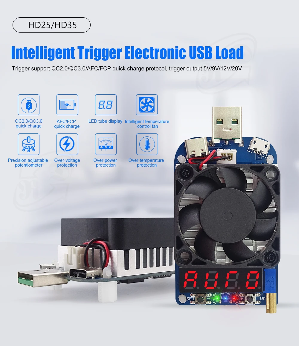 HD25 HD35 Trigger QC2.0 QC3.0 Electronic USB Load Resistor Discharge Battery Tester Adjustable Current Voltage 35W