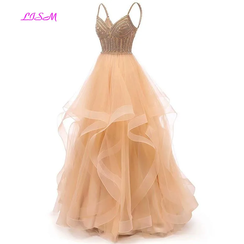 Tulle Crystal Kralen Lange Prom Dresses Tiered Avondjurk Spaghettibandjes Sweetheart Baljurk Prinses Partij Jassen