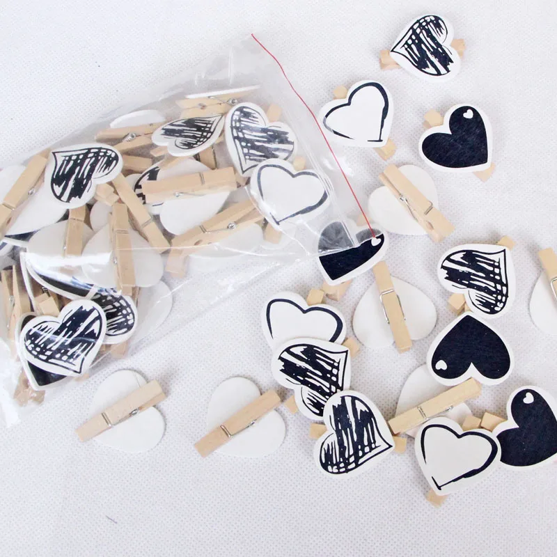 5pcs Heart 45x7mm DIY Black White Big Wood Clothes Pegs Clothespin Clips Office Party Decoration Accessories Photo Hanging Pegs