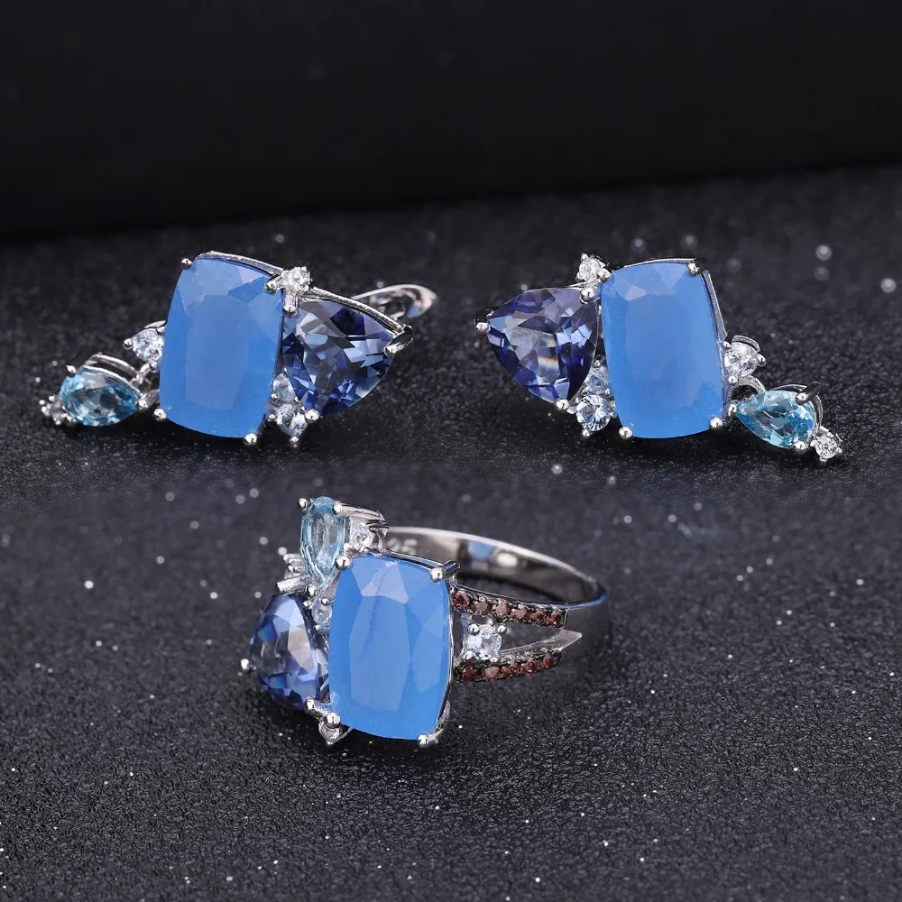 GEM\'S BALLET Natural Aqua blue Calcedony Earrings 925 Sterling Silver Colorful Modern irregular Drop Earrings for Women Bijoux