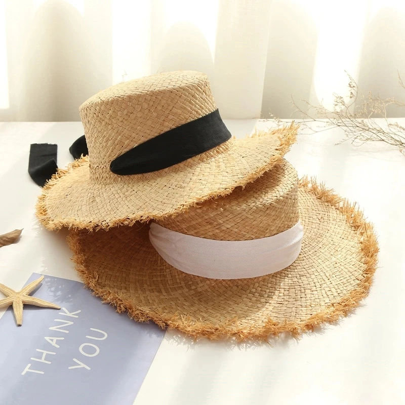 Wholesale STAR Parent-child Panama Hats For Women Wide Large Brim Beach Sun Hats With Fashion Long Belt Visor Hat Raffia Straw