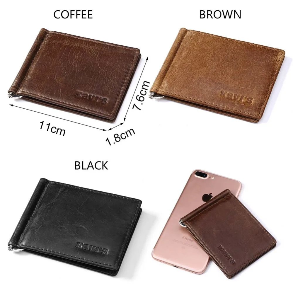 KAVIS Slim Brand Men Women Genuine Leather Bifold Male Purse Billfold Wallet Money Clip Female Clamp for Money Case