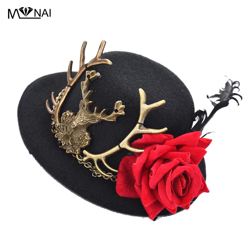 

Vintage Retro Handmade Mini Hat Steampunk Alice Wonderland Deer Head Headdress Rose Hair Accessories Gothic