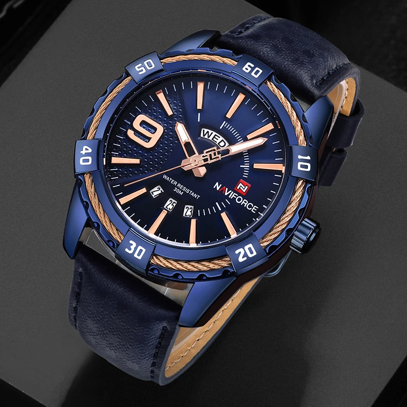 NAVIFORCE Blue Quartz Watch Men Military Waterproof Casual Sport Wrist Watch Male Fashion Leather Strap Clock