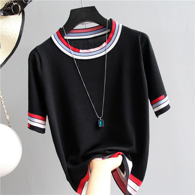 Casual Tees Women Knitting Tops patchwork short sleeve Ladies Shirts Summer sweaters Female Pullovers Pink White Loose