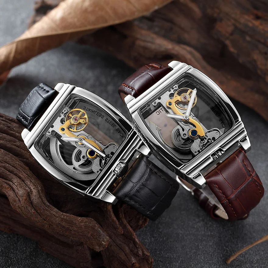 Transparent Automatic Mechanical Watch Men Steampunk Skeleton Luxury Gear Self Winding Leather Mens Clock Watches Montre Homme