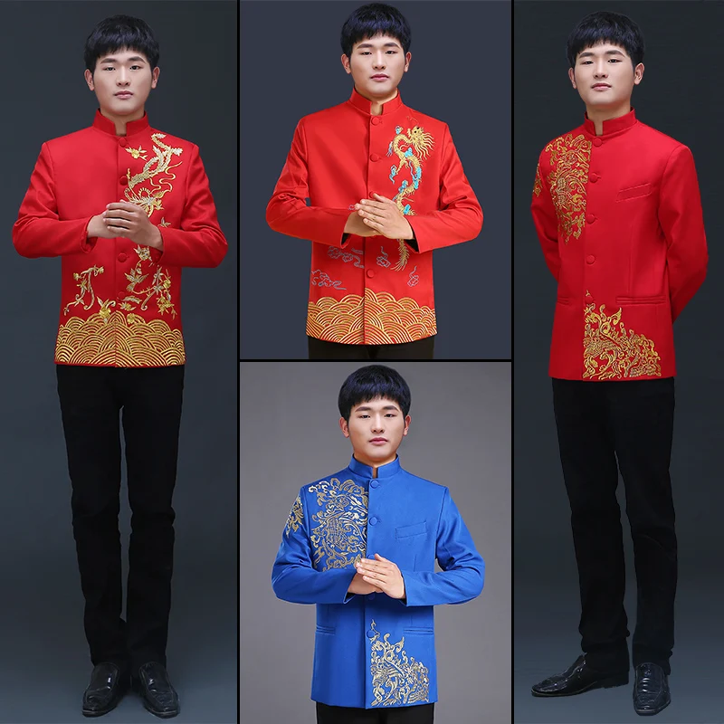 Men's clothing pratensis chinese style wedding Top  the groom dragon gown evening Red Top slim red tang suit chinese tunic