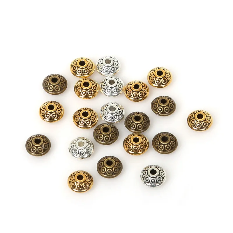 50Pcs/Lot Metal UFO Shape 6mm Mix Antique Gold/Bronze Plated Spacer Bead Cone Pattern Loose DIY Beads for Jewelry Making