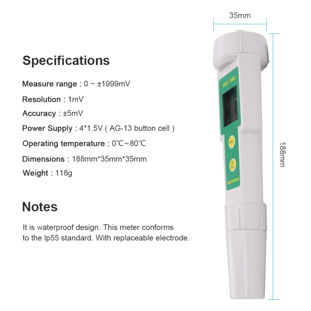 Stylo testeur de qualité de l'eau ORP numérique, avec sonde remplaçable 0 ~ +/-1999mV, réduction du potentiel d'oxydation négatif