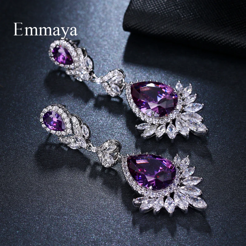 Emmaya Brand Sliver Color Water Drop Shape Purple Zircon Crystal Pendant Stud Earrings For Women Bridal Wedding Jewelry