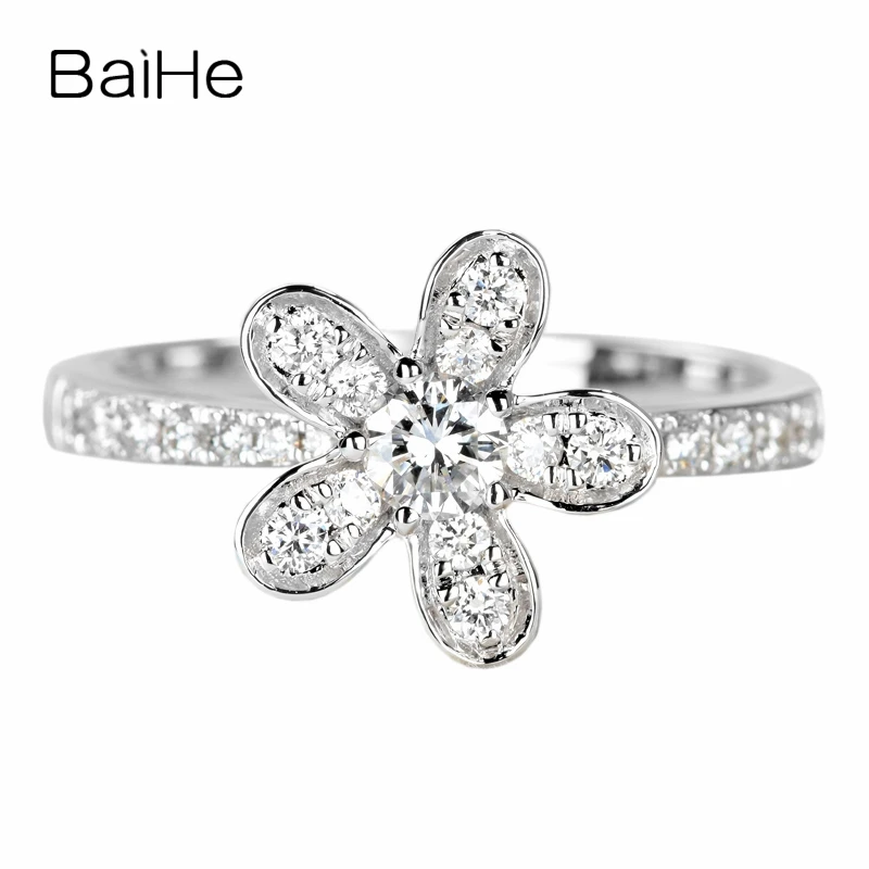 

BAIHE Solid 14K White Gold 0.40ct H/SI Round Natural Diamonds Wedding Band Women Fine Jewelry Beautiful flower diamond Gift Ring