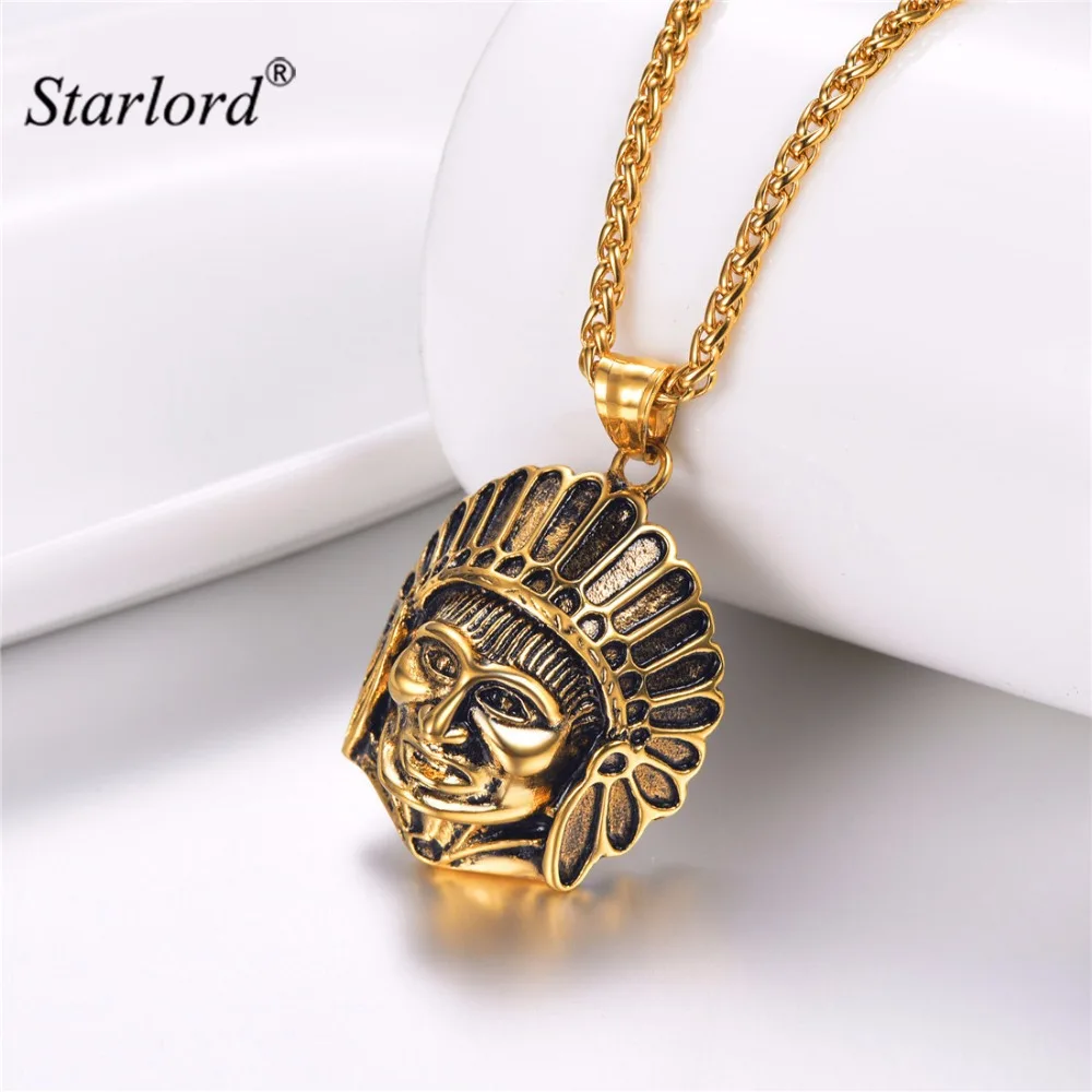 Indian Head Necklace Gold/Stainless Steel Vintage Indians Jewelry Ethnic Indian Chief Indian Charm Gift GP3530