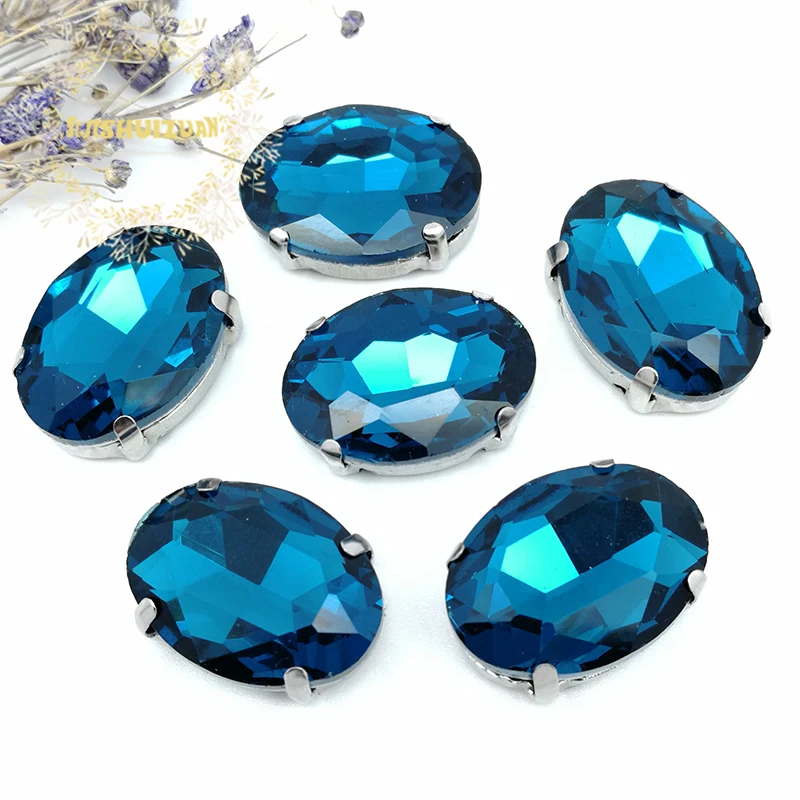 Classic Style Peacock blue Oval Shape Glass Crystal Sew On Rhinestones With Four Claw Diy Wedding Decoration
