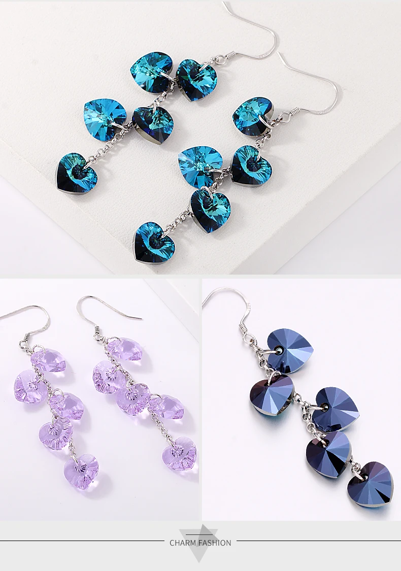 Original Heart Crystals From Austria Tassel Drop Earrings Colorful Beads Hanging Silver Color Dangle Earrings Piercing For Women