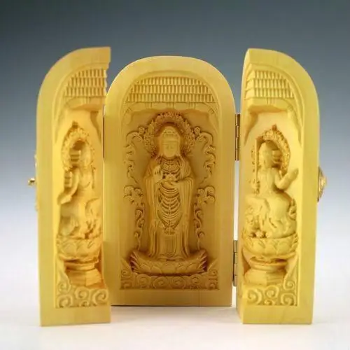 

Original Exquisite Chinese Vintage Boxwood Handwork Carved Kwan-yin Statue Box wooden handicraft