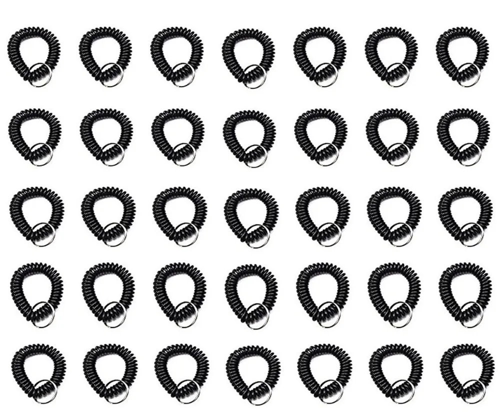 Pack of 35 Stretchable Plastic Bracelet Wrist Coil Wrist band Key Ring Chain Holder Tag (BLACK COLOR)