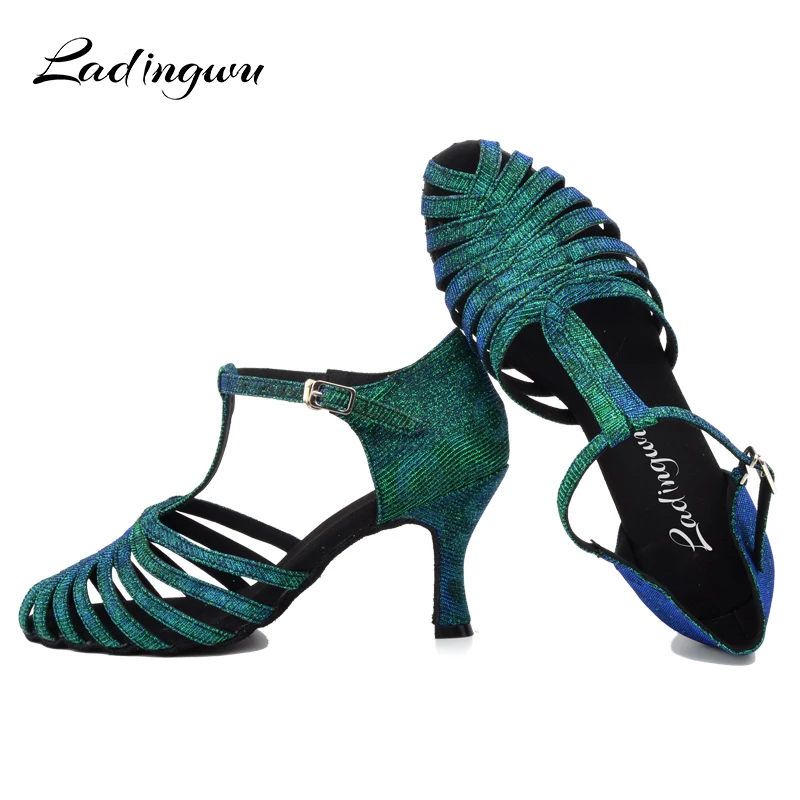 Ladingwu Factory Outlet Discoloration Flash Cloth Ballroom Party Salsa Dance Shoes Green Blue Gray Latin Dance Shoes Woman