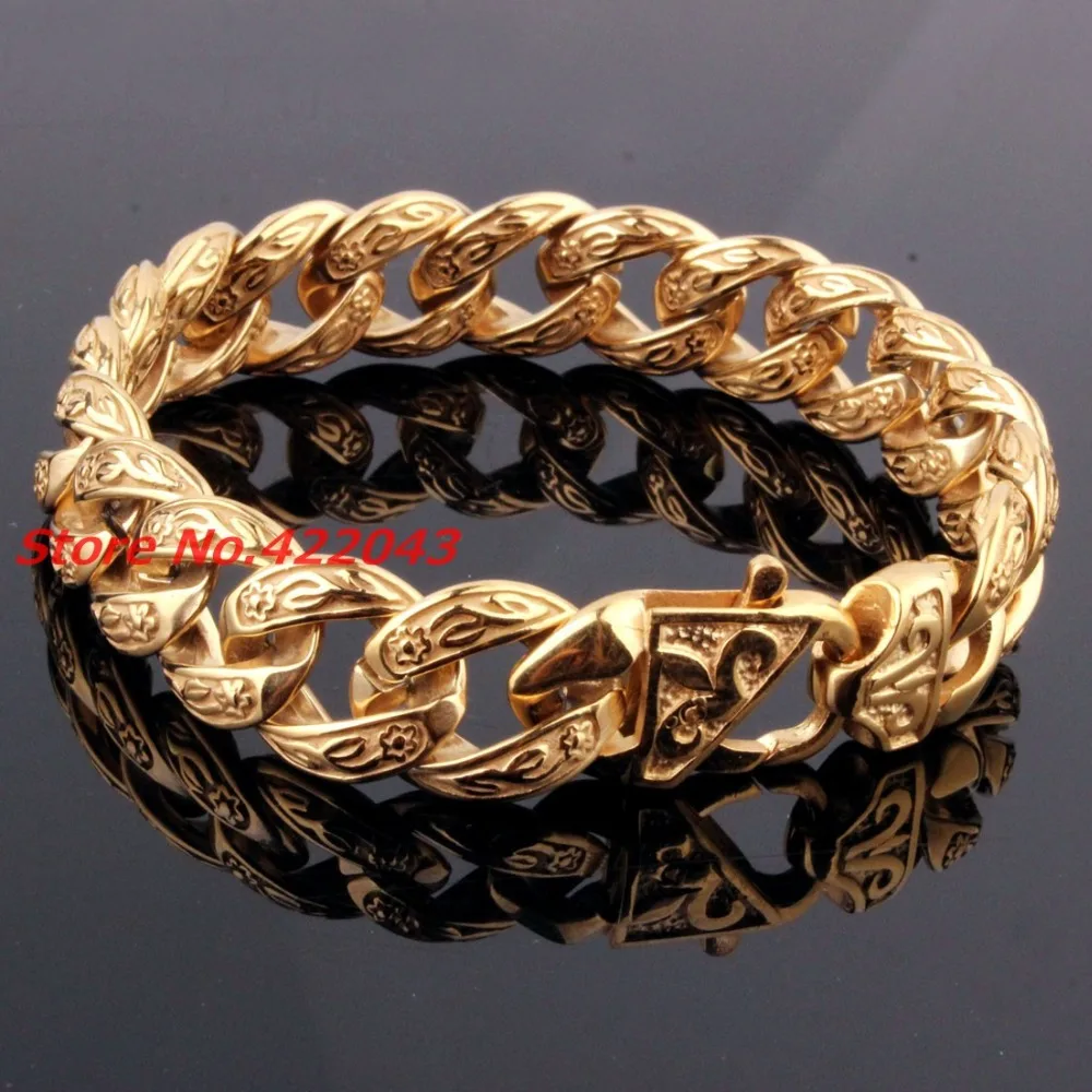 New Fashion Mens Bangles 15mm Solid Gold color  or Silver Stainless Steel Cast Flower Cuban Link Chain Bracelets 9\